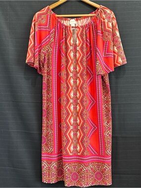 Chicos pink orange patterned short drape sleeve keyhole neck dress 2 L